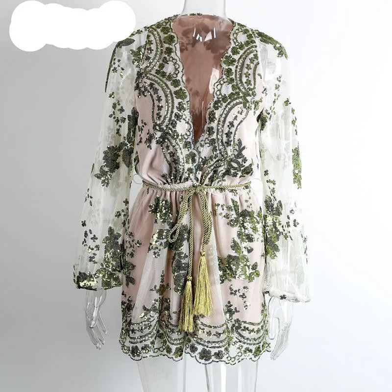 Simplee Autumn Gold sequin embroidery elegant jumpsuit romper Transparent mesh sleeve playsuit women Deep v neck overalls
