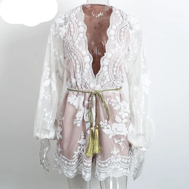 Simplee Autumn Gold sequin embroidery elegant jumpsuit romper Transparent mesh sleeve playsuit women Deep v neck overalls