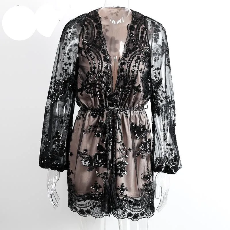 Simplee Autumn Gold sequin embroidery elegant jumpsuit romper Transparent mesh sleeve playsuit women Deep v neck overalls