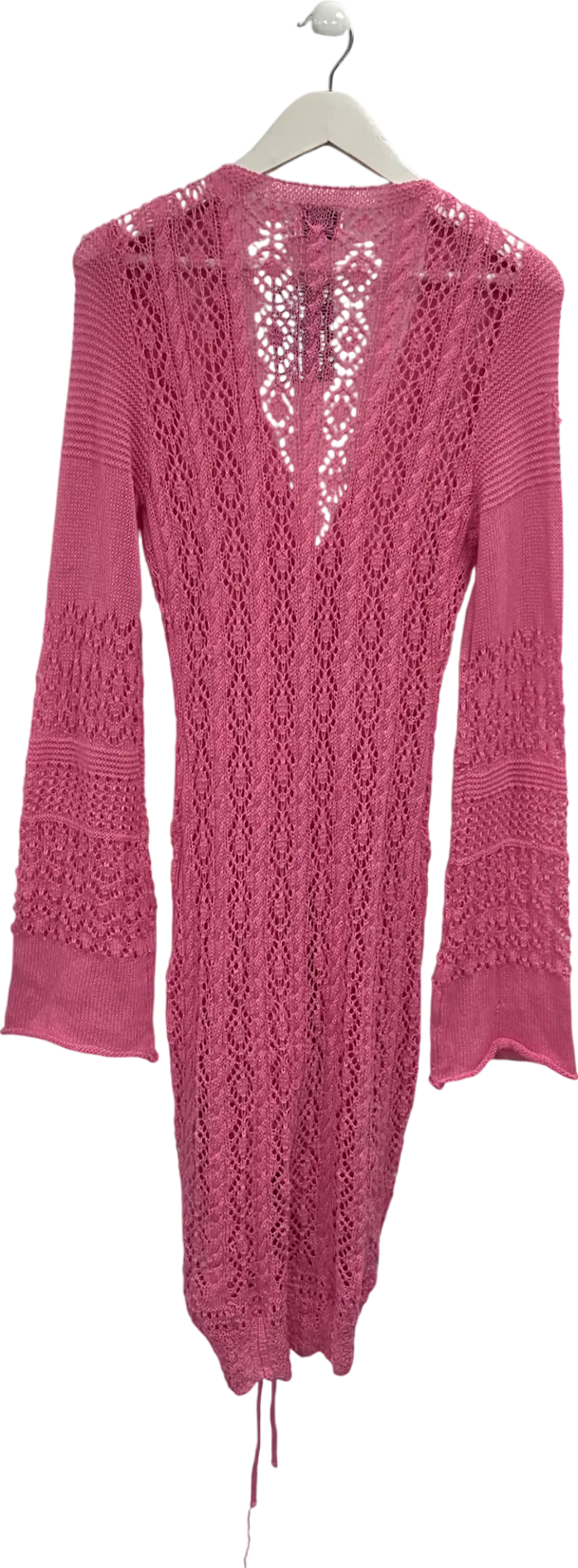 Sndys Pink Crochet Bell Sleeve Mini Dress With Ruched Detai UK L