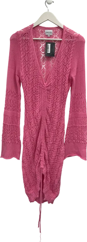 Sndys Pink Crochet Bell Sleeve Mini Dress With Ruched Detai UK L