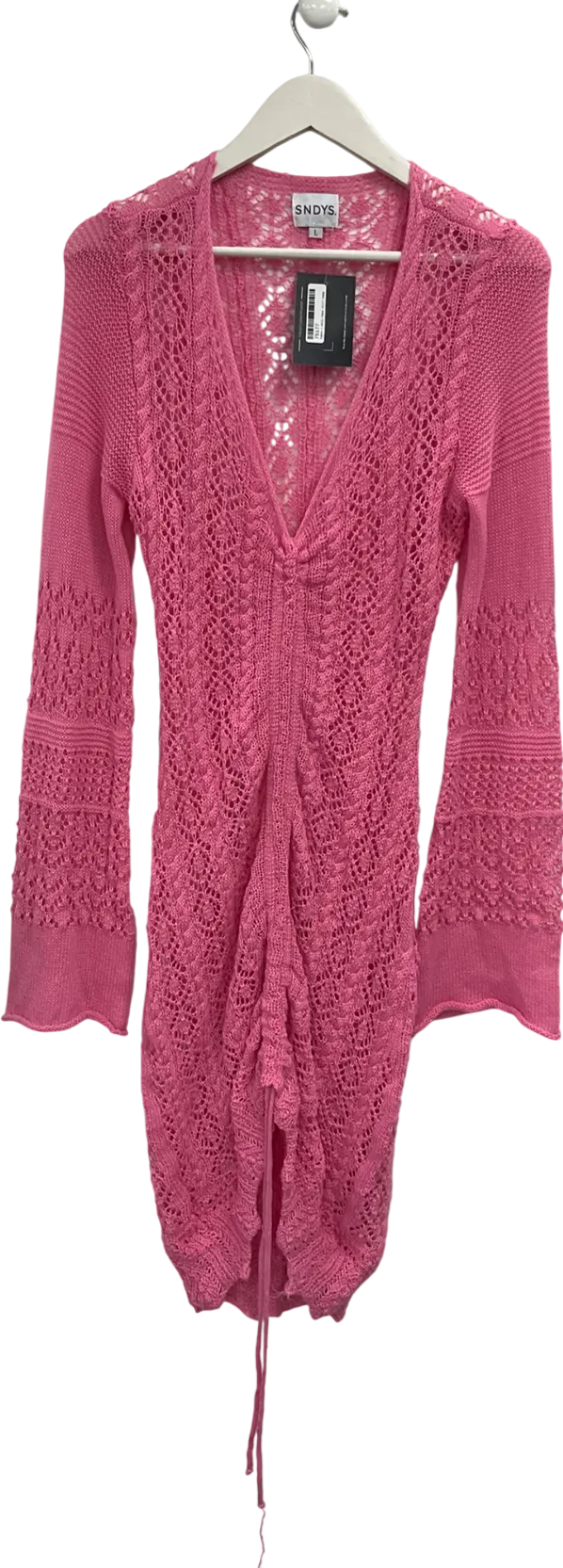 Sndys Pink Crochet Bell Sleeve Mini Dress With Ruched Detai UK L