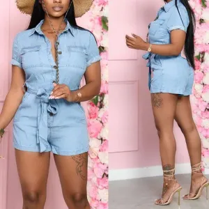 Solid Short Sleeve Button Detailed Denim Romper With Belt