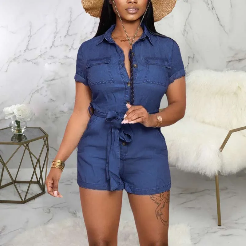 Solid Short Sleeve Button Detailed Denim Romper With Belt