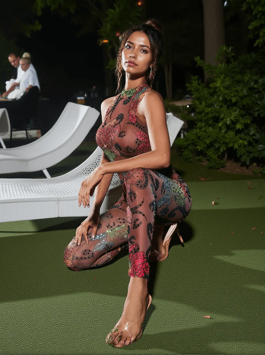 Sorrel Floral Rhinestone See Through Mesh Jumpsuit