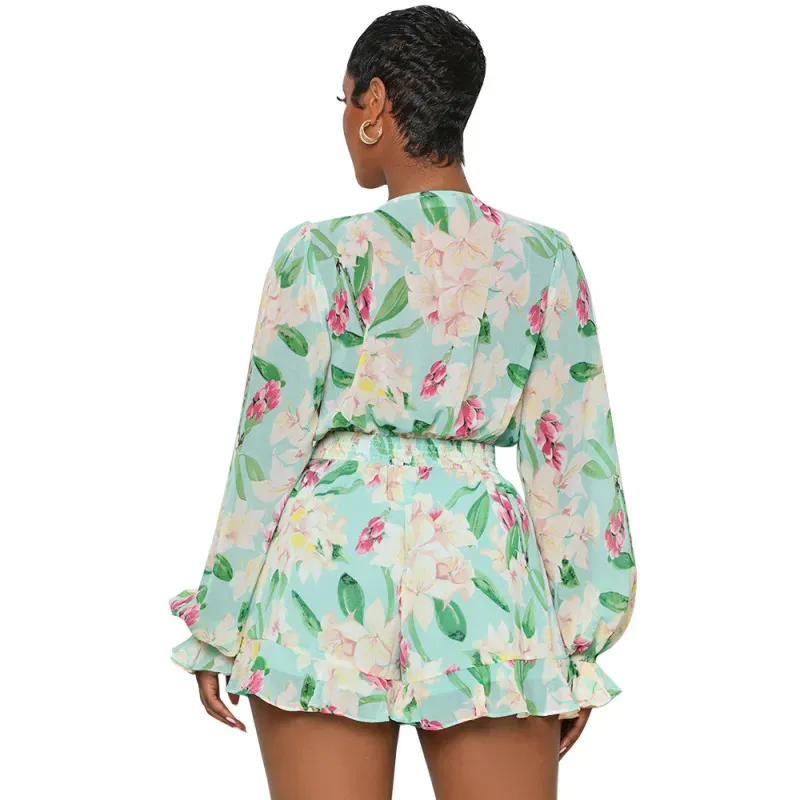 Spring Bloom Floral V-Neck Long-Sleeve Ruffle Romper
