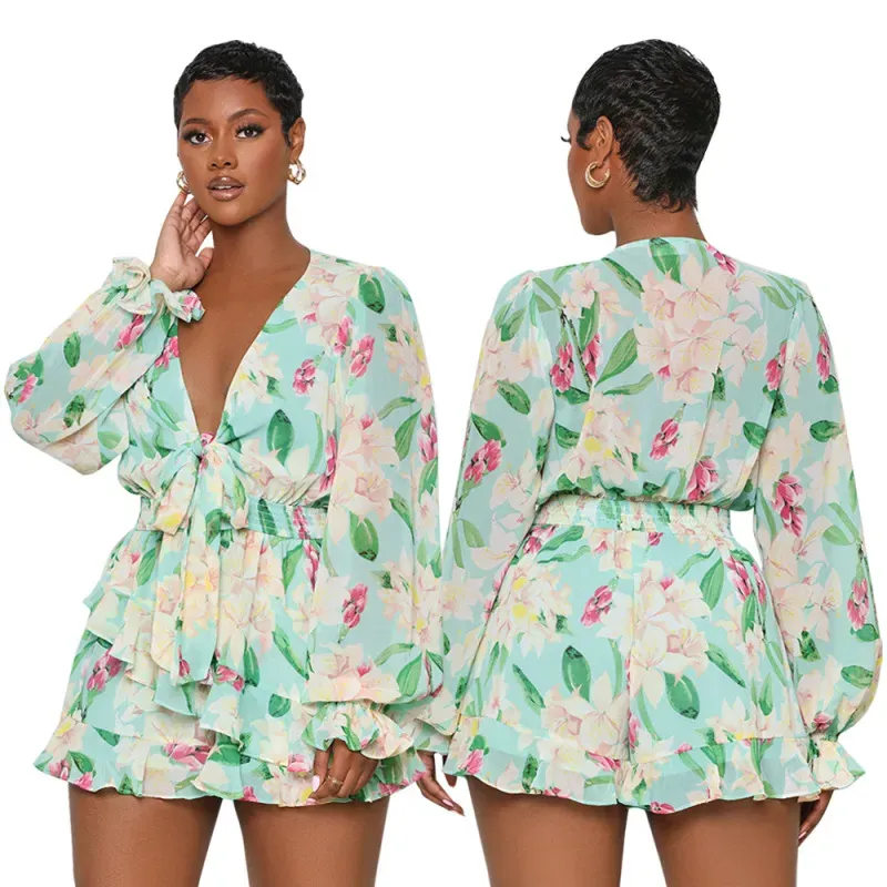 Spring Bloom Floral V-Neck Long-Sleeve Ruffle Romper