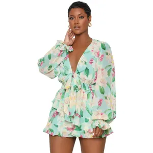 Spring Bloom Floral V-Neck Long-Sleeve Ruffle Romper