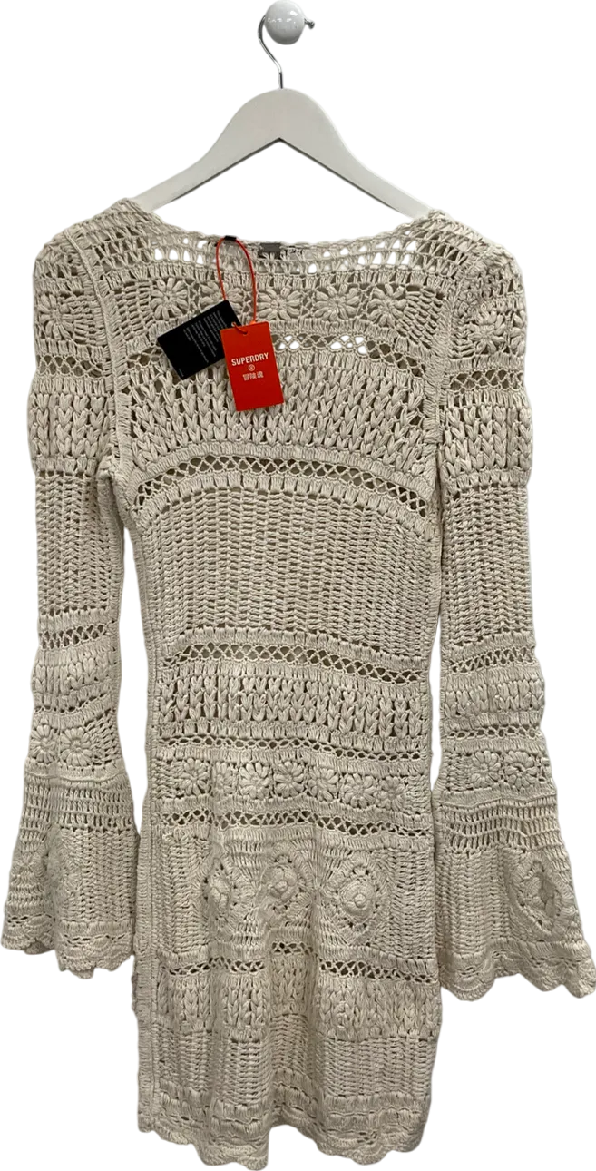 Superdry Cream Crochet Flare Sleeve Mini Dress UK XS/S