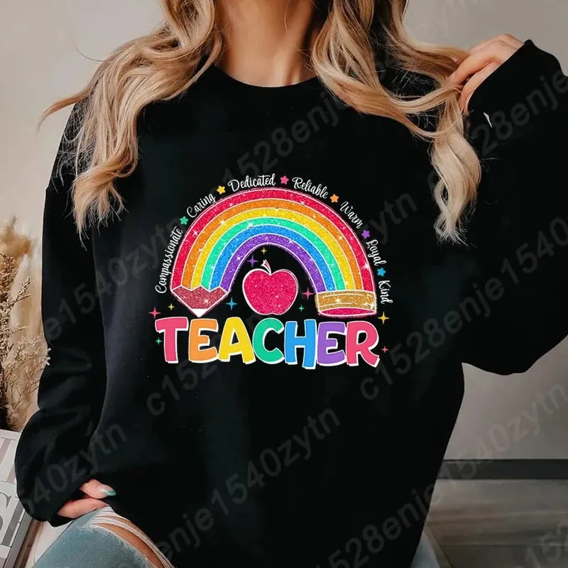 Teacher Rainbow Pencil Hoodless Sweatshirts Fashion Women's Clothing Casual Long-sleeved Winter Autumn Pullovers Round Neck Tops