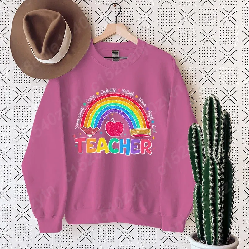Teacher Rainbow Pencil Hoodless Sweatshirts Fashion Women's Clothing Casual Long-sleeved Winter Autumn Pullovers Round Neck Tops