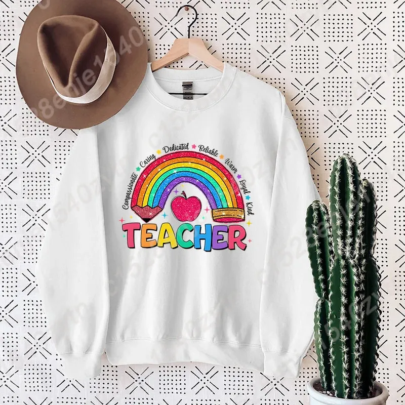 Teacher Rainbow Pencil Hoodless Sweatshirts Fashion Women's Clothing Casual Long-sleeved Winter Autumn Pullovers Round Neck Tops