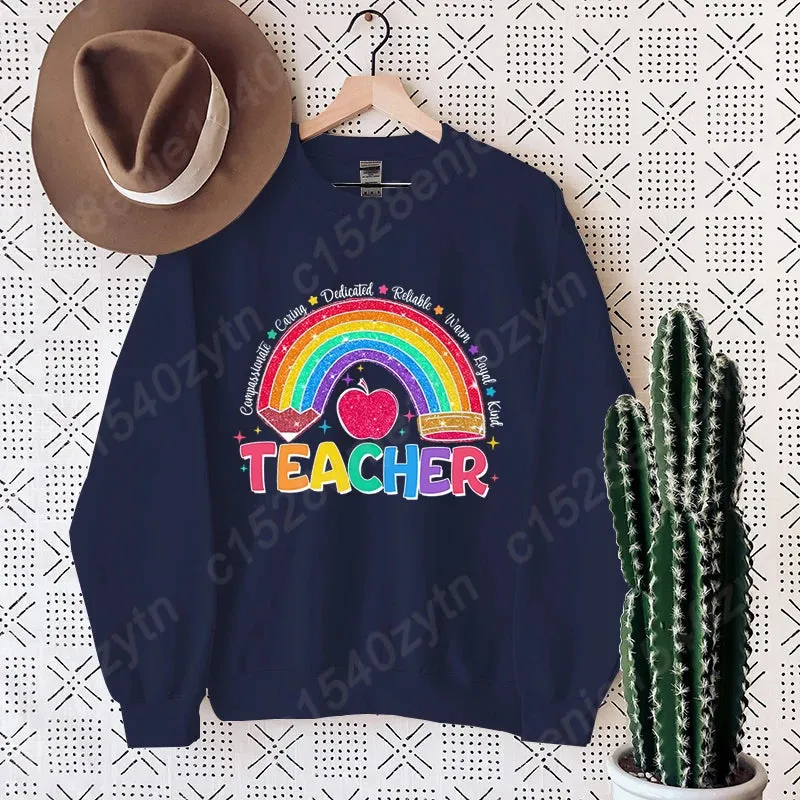 Teacher Rainbow Pencil Hoodless Sweatshirts Fashion Women's Clothing Casual Long-sleeved Winter Autumn Pullovers Round Neck Tops