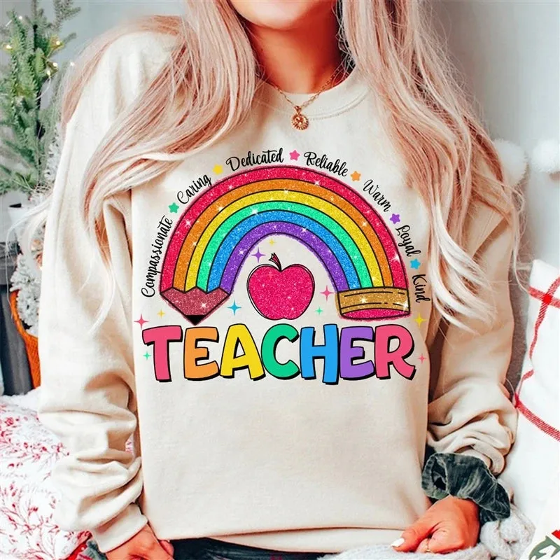 Teacher Rainbow Pencil Hoodless Sweatshirts Fashion Women's Clothing Casual Long-sleeved Winter Autumn Pullovers Round Neck Tops