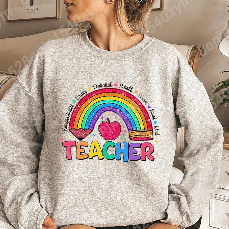Teacher Rainbow Pencil Hoodless Sweatshirts Fashion Women's Clothing Casual Long-sleeved Winter Autumn Pullovers Round Neck Tops