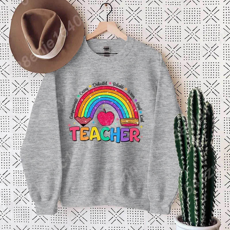Teacher Rainbow Pencil Hoodless Sweatshirts Fashion Women's Clothing Casual Long-sleeved Winter Autumn Pullovers Round Neck Tops