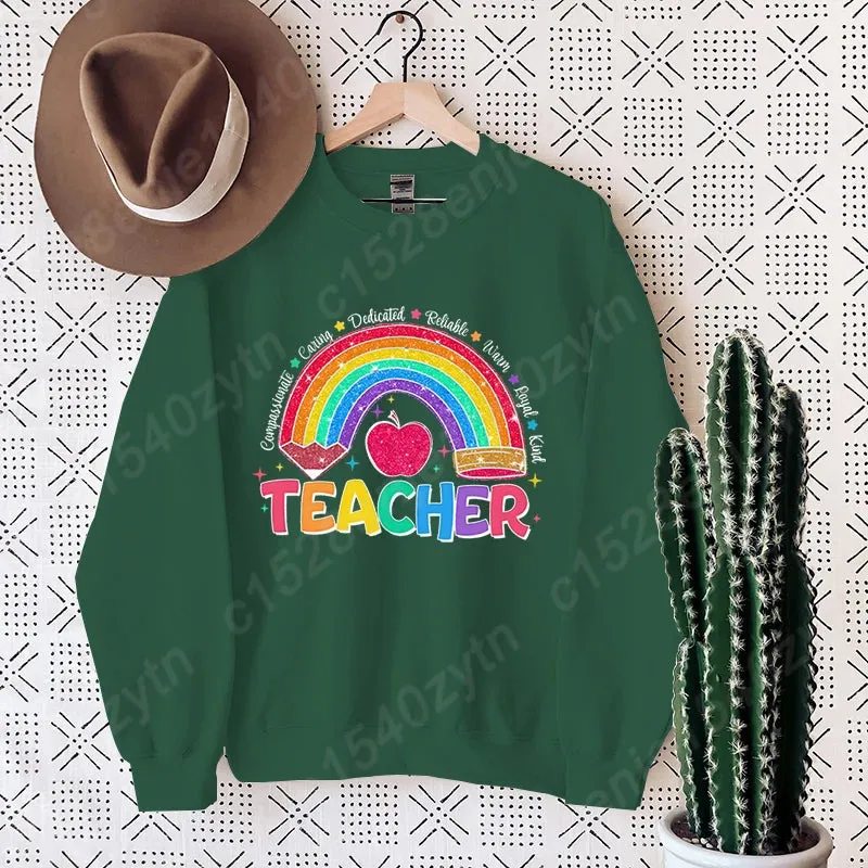 Teacher Rainbow Pencil Hoodless Sweatshirts Fashion Women's Clothing Casual Long-sleeved Winter Autumn Pullovers Round Neck Tops