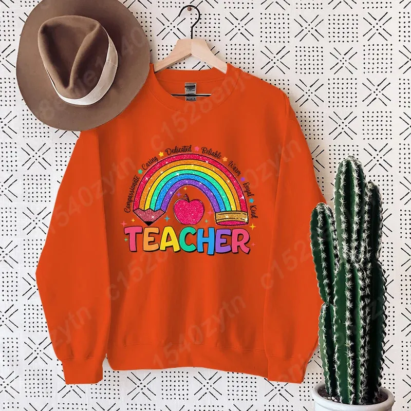 Teacher Rainbow Pencil Hoodless Sweatshirts Fashion Women's Clothing Casual Long-sleeved Winter Autumn Pullovers Round Neck Tops