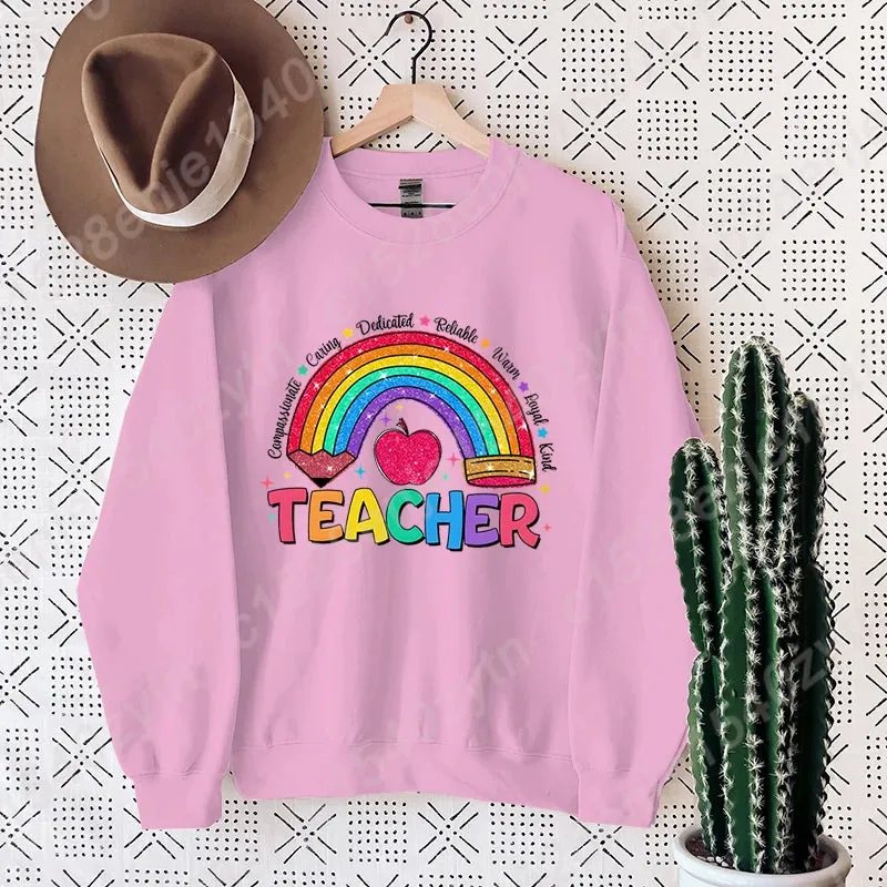 Teacher Rainbow Pencil Hoodless Sweatshirts Fashion Women's Clothing Casual Long-sleeved Winter Autumn Pullovers Round Neck Tops