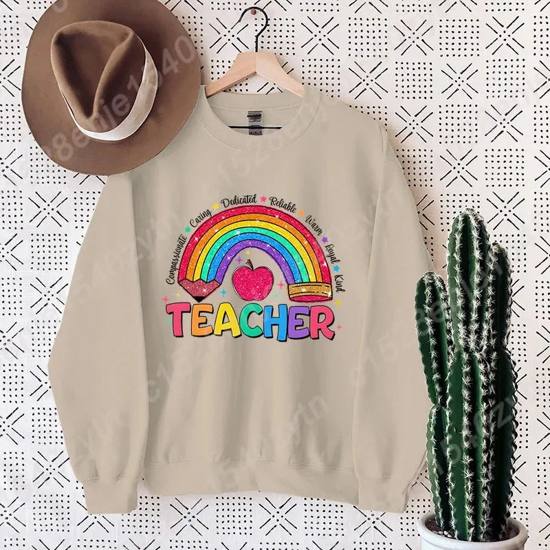 Teacher Rainbow Pencil Hoodless Sweatshirts Fashion Women's Clothing Casual Long-sleeved Winter Autumn Pullovers Round Neck Tops