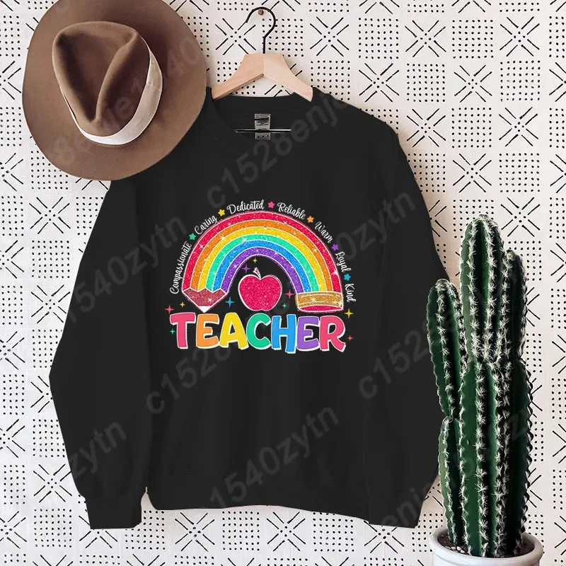 Teacher Rainbow Pencil Hoodless Sweatshirts Fashion Women's Clothing Casual Long-sleeved Winter Autumn Pullovers Round Neck Tops
