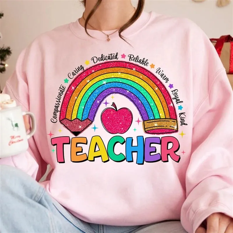 Teacher Rainbow Pencil Hoodless Sweatshirts Fashion Women's Clothing Casual Long-sleeved Winter Autumn Pullovers Round Neck Tops