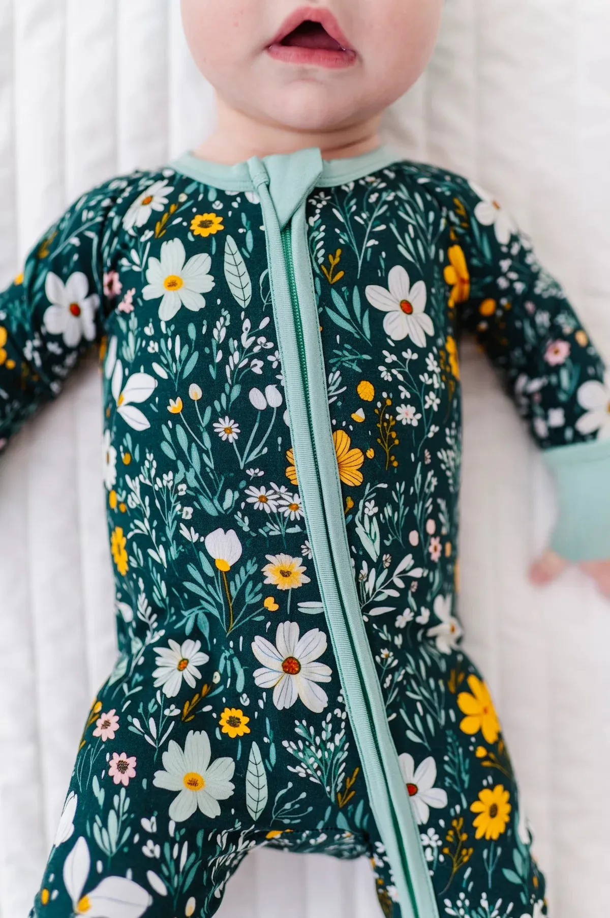 The Sleepy Sloth Wildflower Dreams Green Floral Print Zip Jammies Convertible Romper