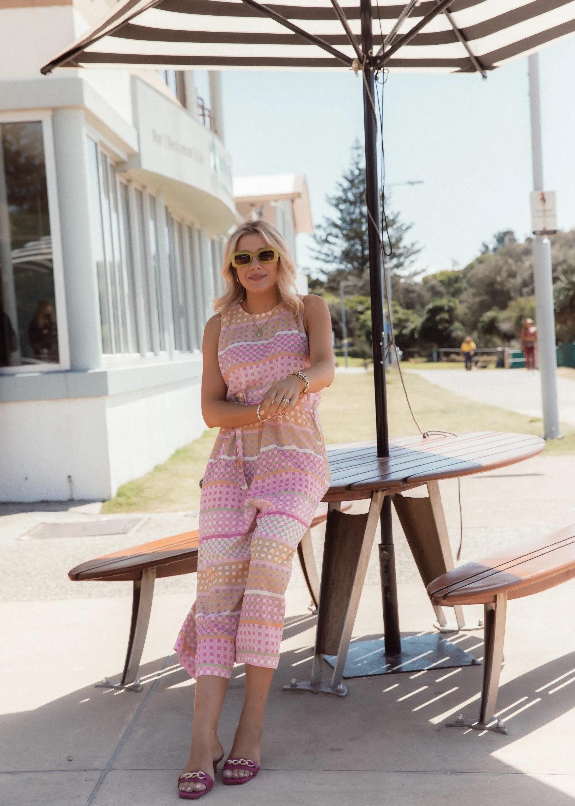 Tie Waist Jumpsuit - Picnic Pink Check