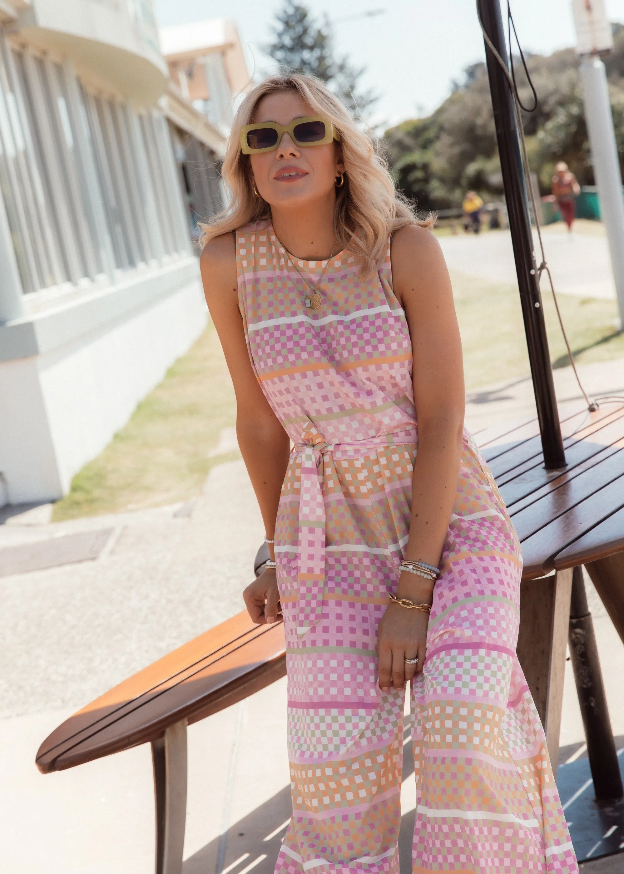 Tie Waist Jumpsuit - Picnic Pink Check