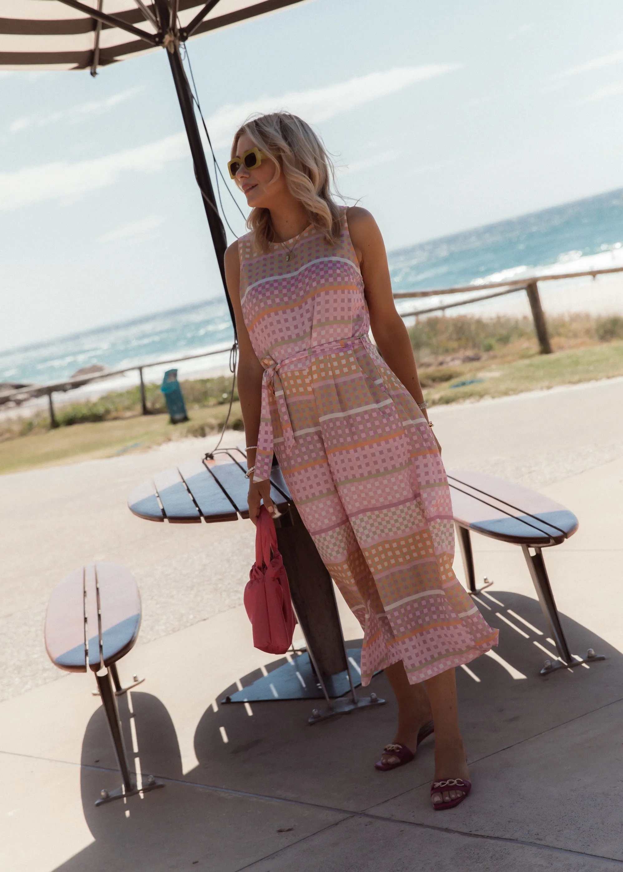 Tie Waist Jumpsuit - Picnic Pink Check