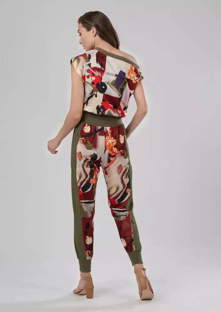 Tiger Print Drooping Shoulder Top And Elasticated Joggers Track Set