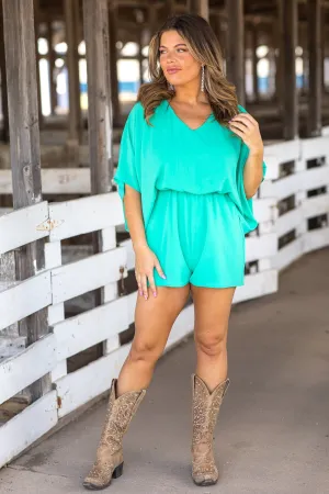 Turquoise Elastic Waist Dolman Sleeve Romper