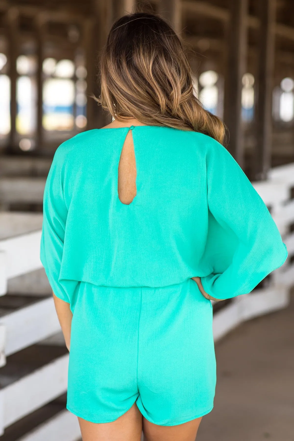 Turquoise Elastic Waist Dolman Sleeve Romper