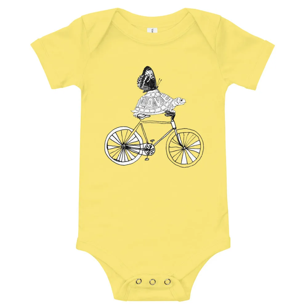 TwOOwls Love Turtle on a Bike with a Butterfly Short Sleeve Romper