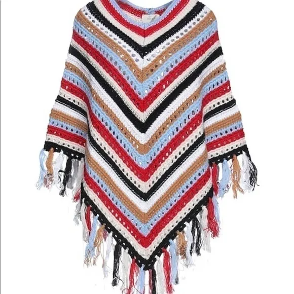 Vicolo Handcrafted Bohemian Crochet Knitwear Knitted Fringe Cape Poncho