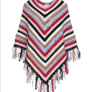 Vicolo Handcrafted Bohemian Crochet Knitwear Knitted Fringe Cape Poncho