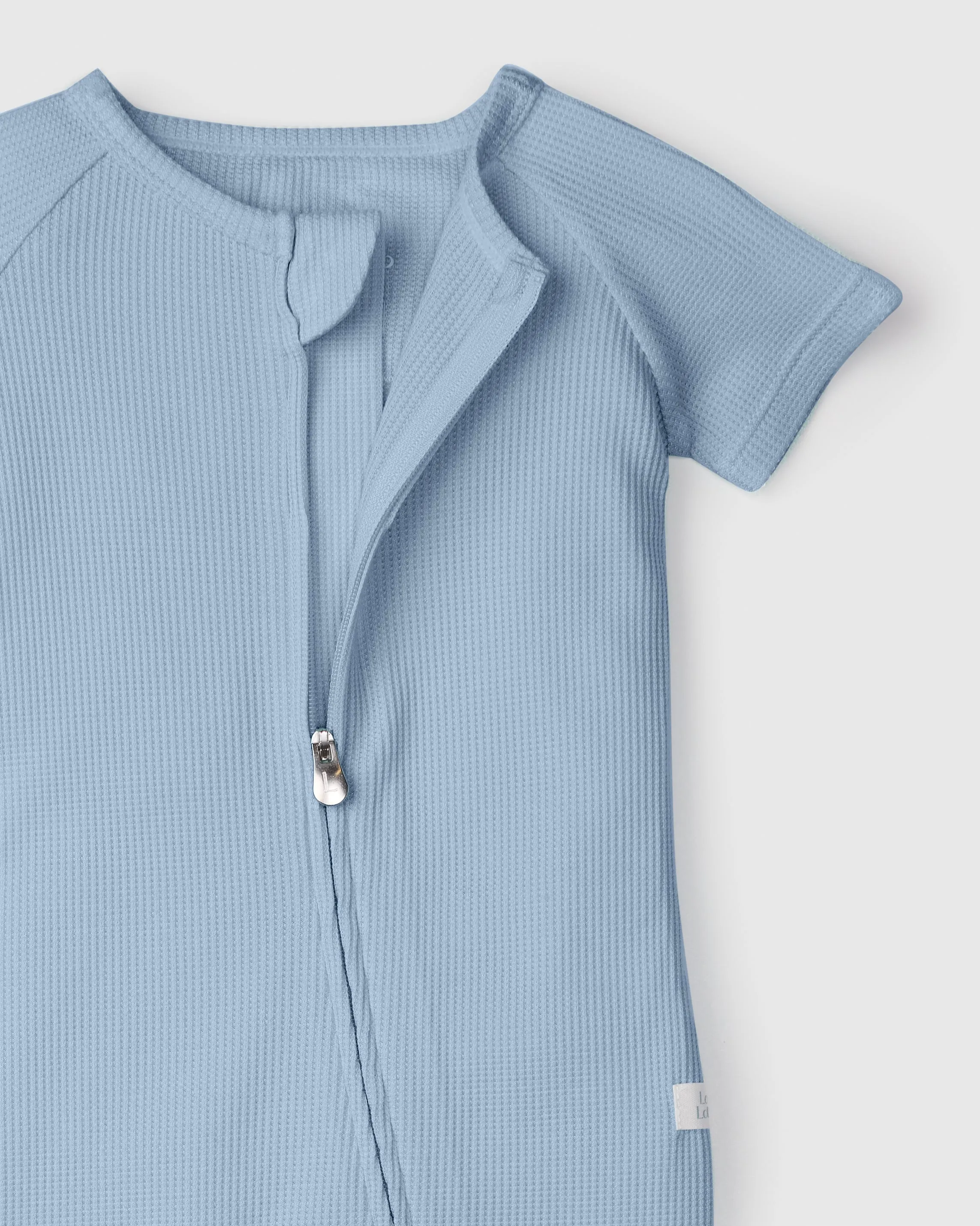 Waffle Short Sleeve Zipped Romper - Blue Fog