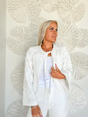 White Floral Embroidered Front Tie Jacket