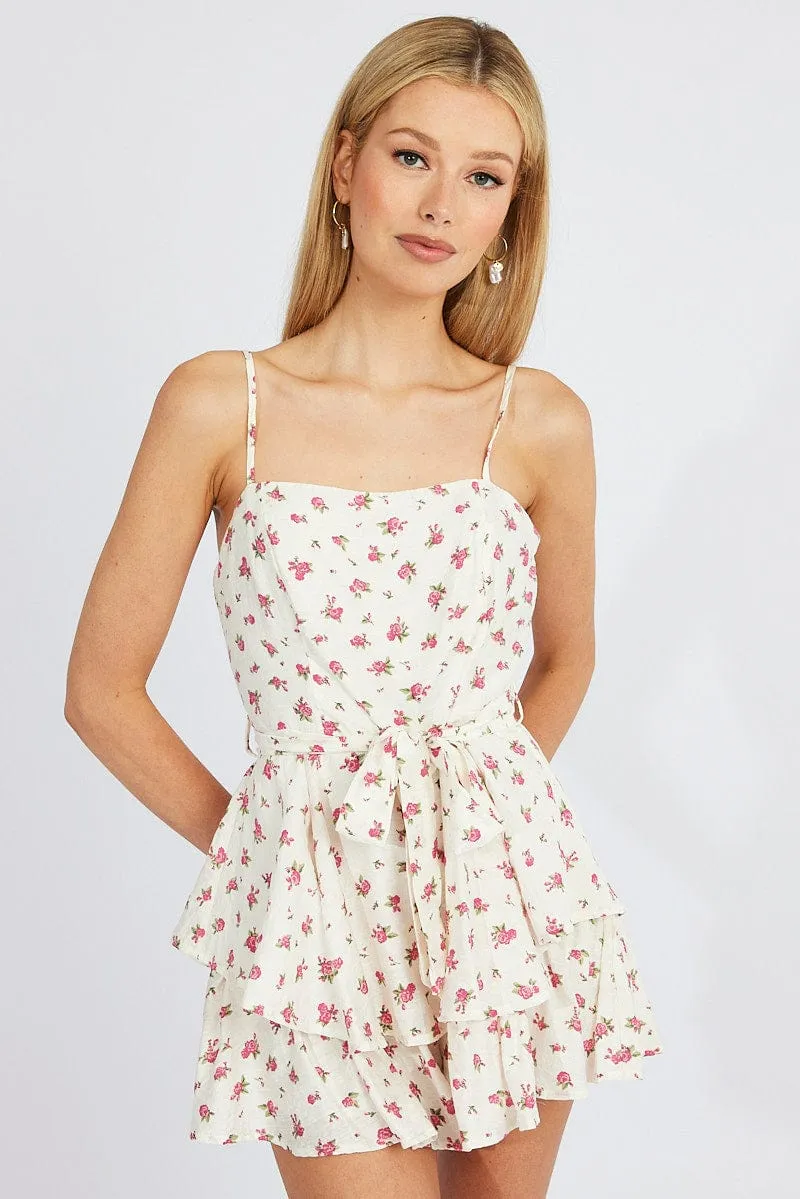 White Floral Fit And Flare Playsuit Square Neck