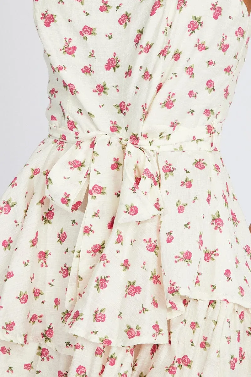 White Floral Fit And Flare Playsuit Square Neck