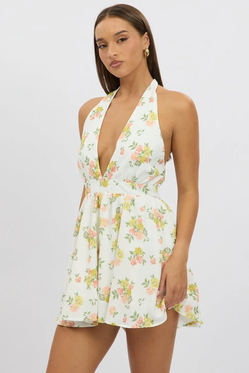 White Floral Playsuit Halter Neck