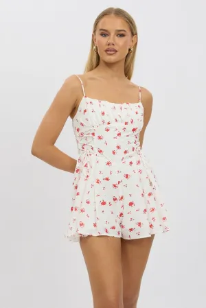 White Floral Playsuit Ruched Bust Strappy
