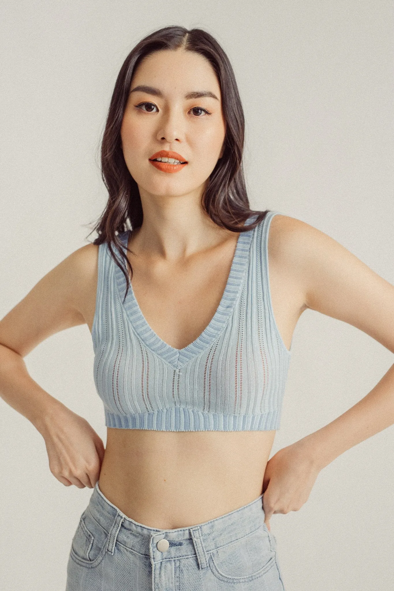 Wildence Blue Ribbed Vneck Wide Strap Sleeveless Crop Top