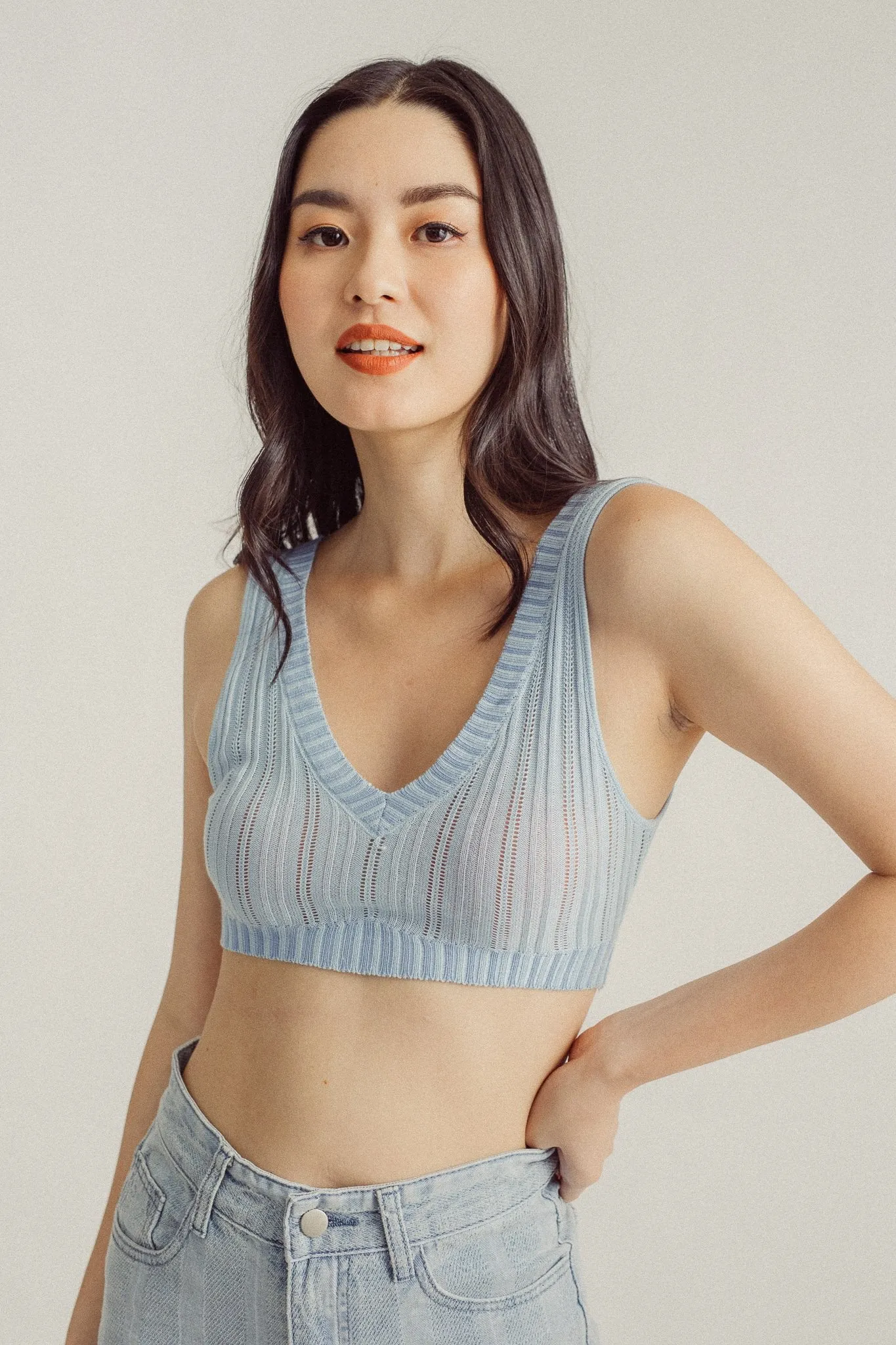 Wildence Blue Ribbed Vneck Wide Strap Sleeveless Crop Top