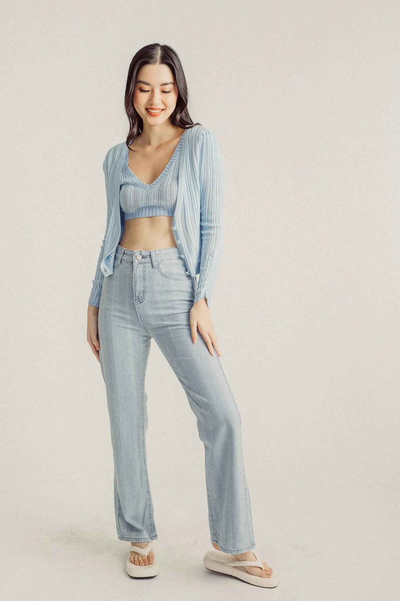 Wildence Blue Ribbed Vneck Wide Strap Sleeveless Crop Top