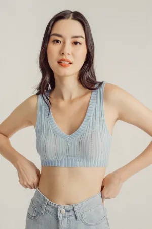 Wildence Blue Ribbed Vneck Wide Strap Sleeveless Crop Top