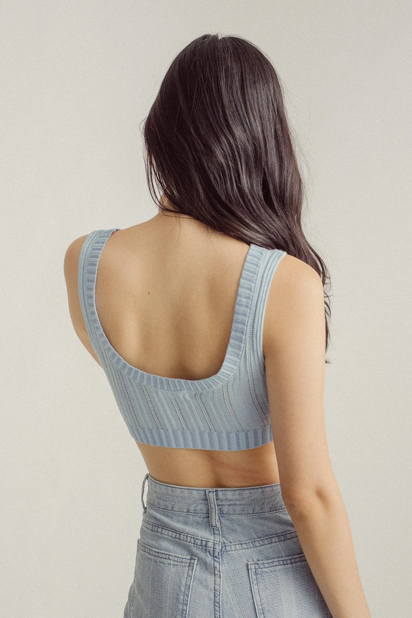 Wildence Blue Ribbed Vneck Wide Strap Sleeveless Crop Top