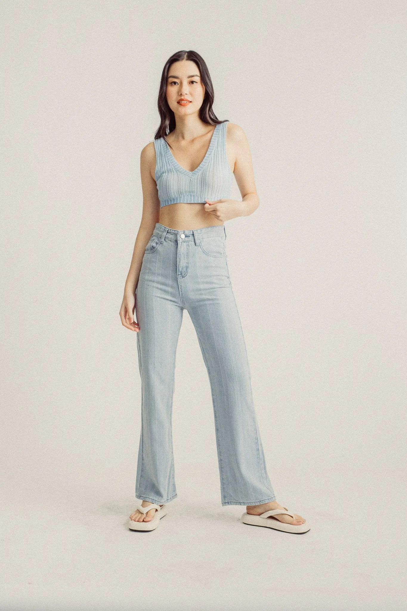 Wildence Blue Ribbed Vneck Wide Strap Sleeveless Crop Top