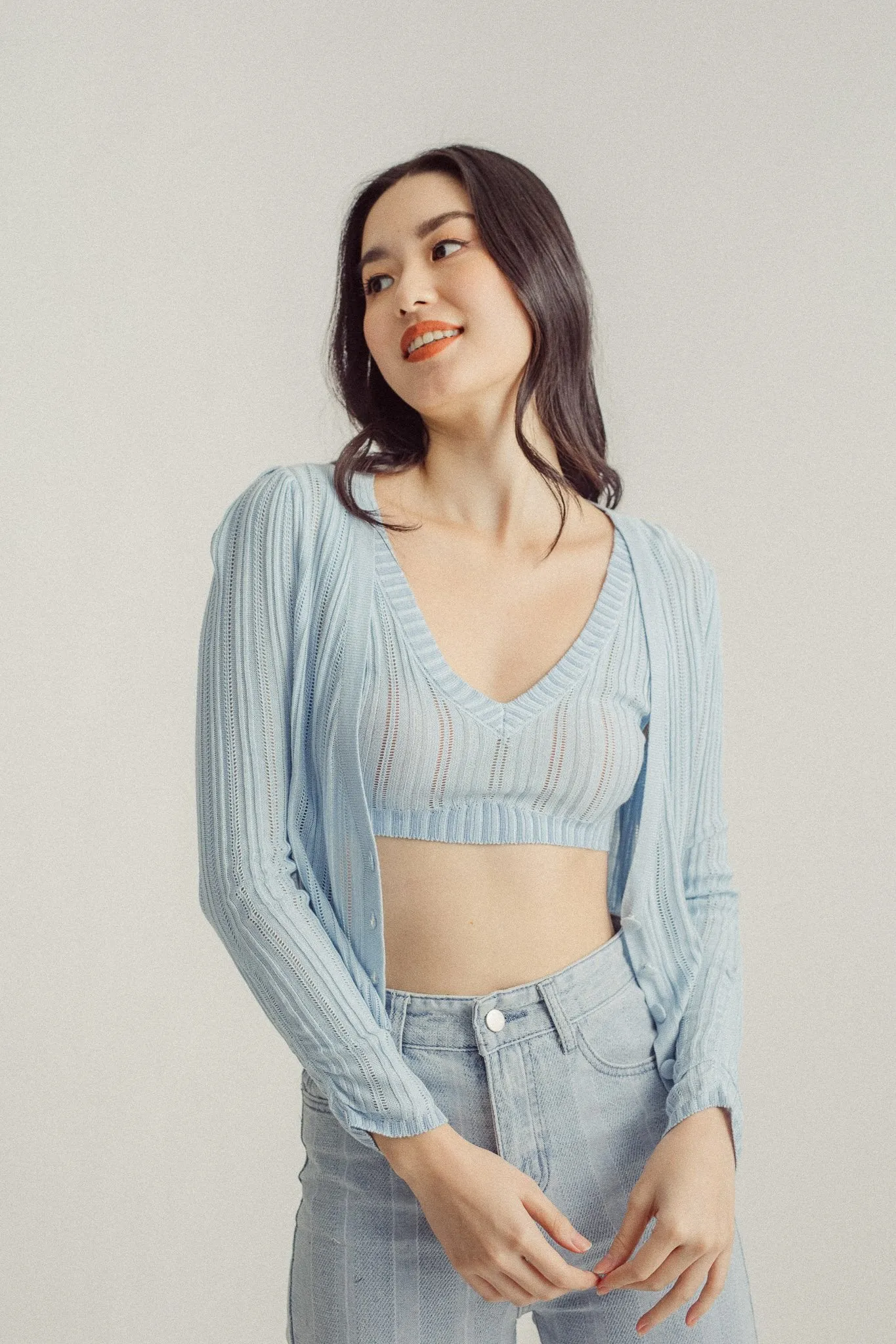Wildence Blue Ribbed Vneck Wide Strap Sleeveless Crop Top