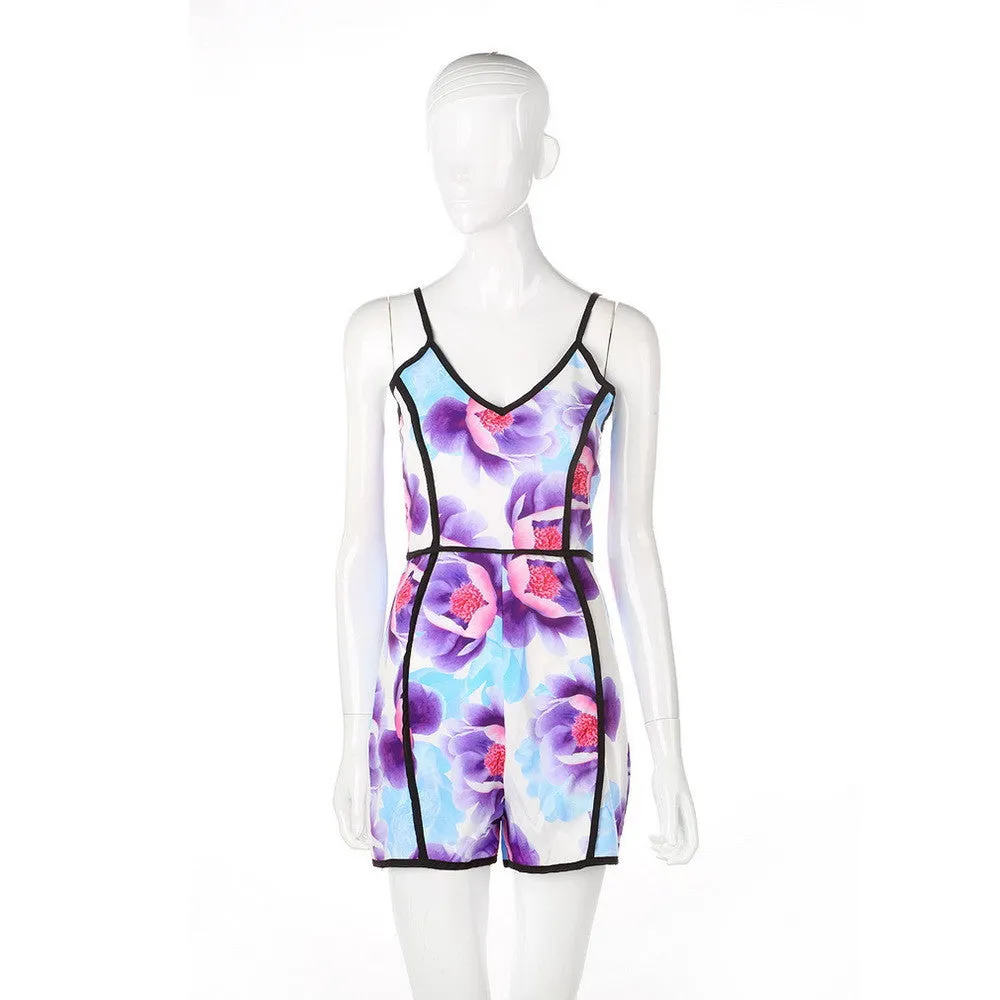 Women Print Slim Fit Deep V Sleeveless Flower Vest Shorts playsuit Plus Size Rompers Jumpsuit